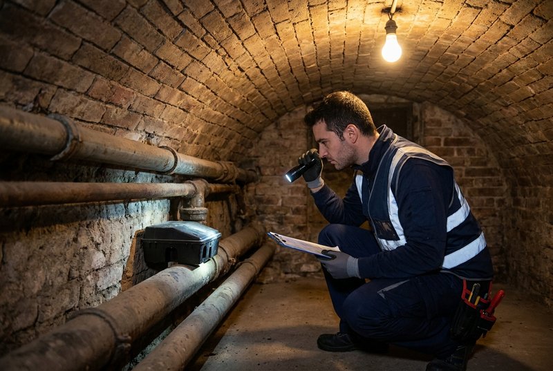 Tecnico ispeziona cantina condominiale durante intervento di derattizzazione a Bologna