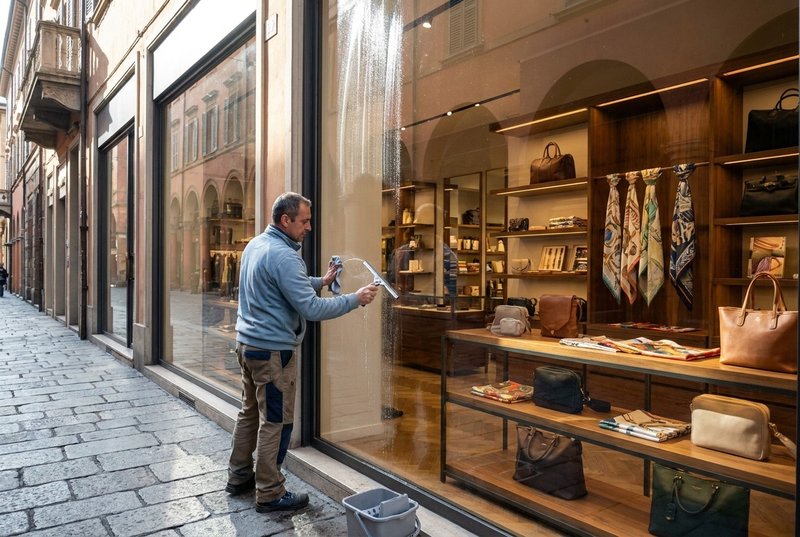 Operatore La Pulinova pulisce la vetrina di un negozio a Bologna
