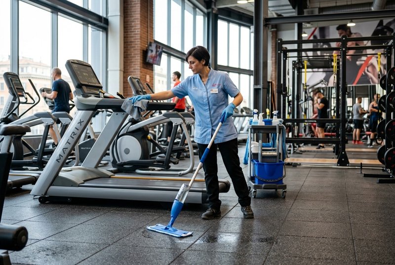 Operatore La Pulinova pulisce attrezzature e pavimento sportivo di una palestra a Bologna
