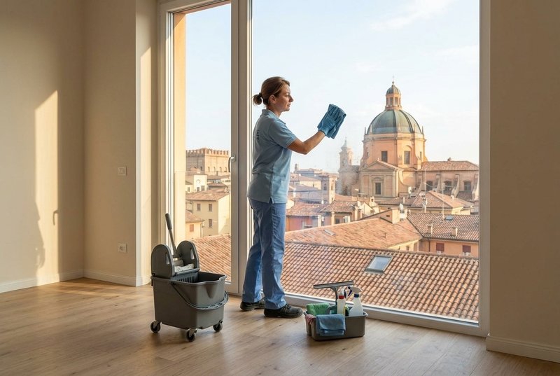 Operatrice La Pulinova pulisce le vetrate di un appartamento appena ristrutturato a Bologna