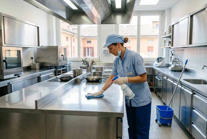 Operatore La Pulinova igienizza cucina professionale di ristorante a norma HACCP a Bologna