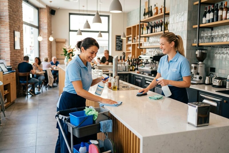 Operatori La Pulinova puliscono il bancone di un bar-ristorante a Bologna