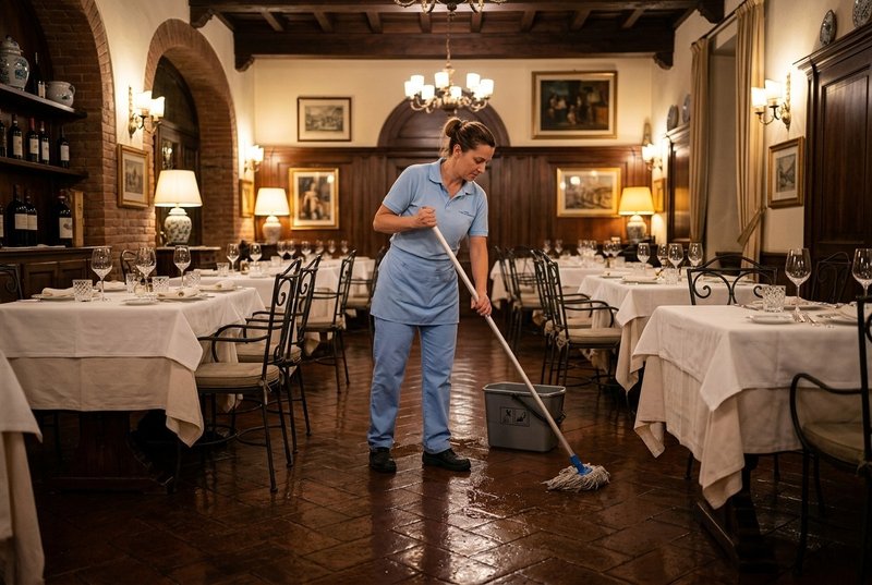 Operatore La Pulinova pulisce il pavimento della sala di un ristorante a Bologna