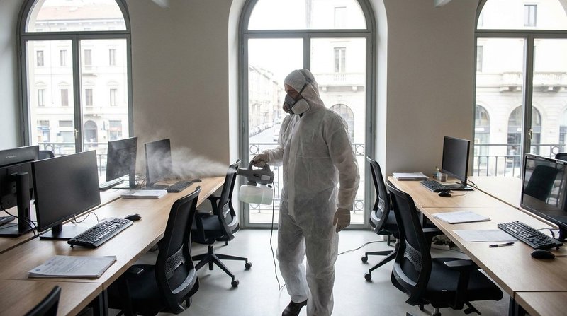Operatore La Pulinova esegue sanificazione con nebulizzatore professionale in ambiente commerciale a Bologna